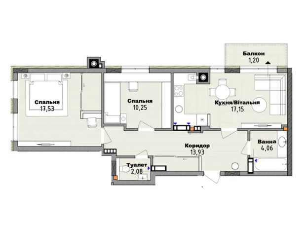 Клубний будинок San Marco: планування 2-кімнатної квартири 66.2 м²