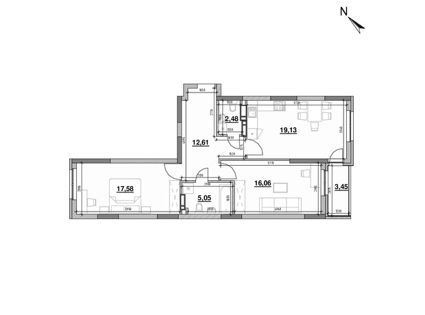 ЖК Ok'Land: планировка 2-комнатной квартиры 76.36 м²