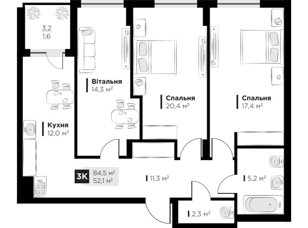 ЖК Feel House: планировка 3-комнатной квартиры 84.5 м²