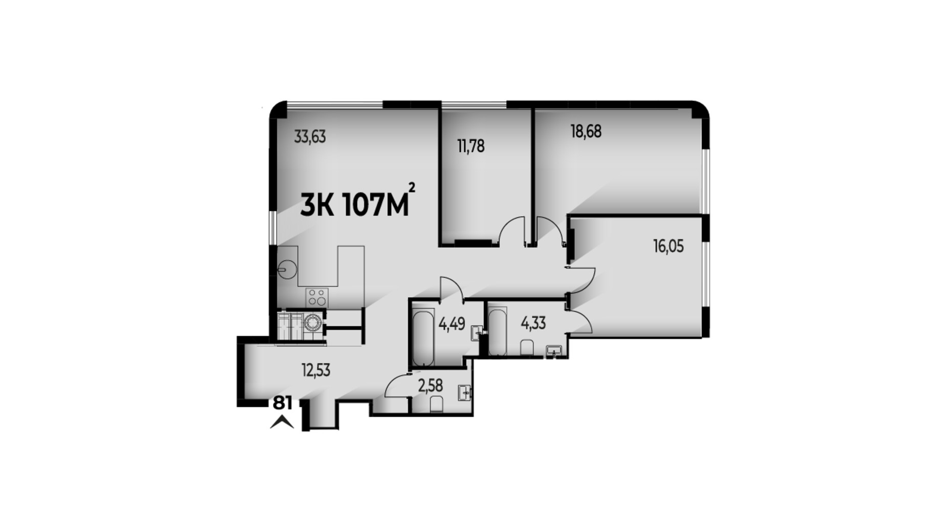 Планировка 3-комнатной квартиры в ЖК Trivium 107 м², фото 662183