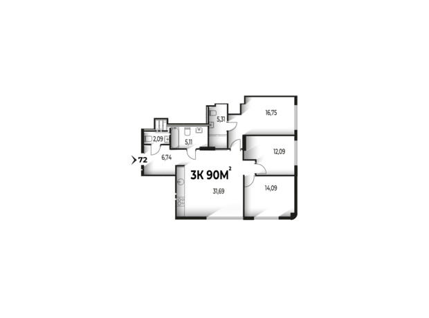 ЖК Trivium: планировка 3-комнатной квартиры 90 м²