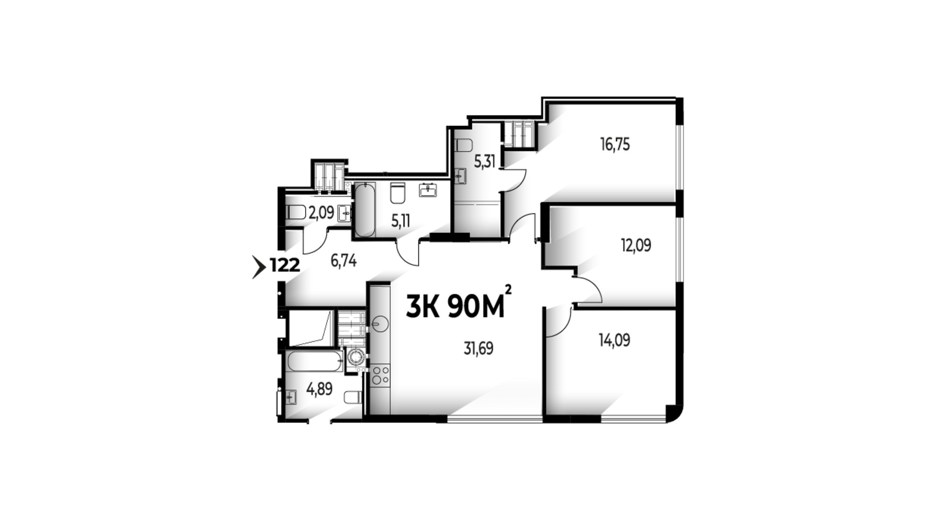 Планировка 3-комнатной квартиры в ЖК Trivium 90 м², фото 662222