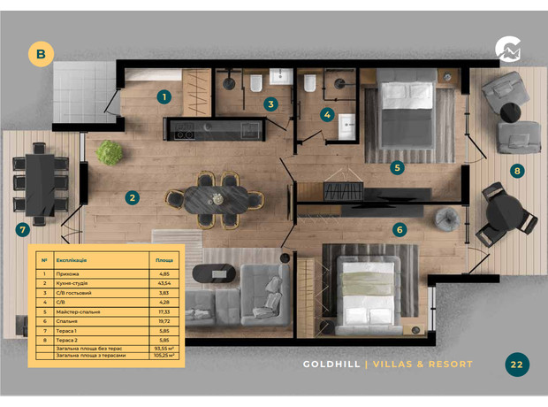 КМ GoldHill Villas&Resort: планування 3-кімнатної квартири 105 м²