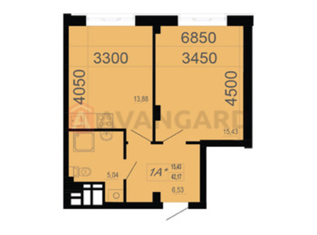 ЖК Фаворит: планировка 1-комнатной квартиры 41.41 м²