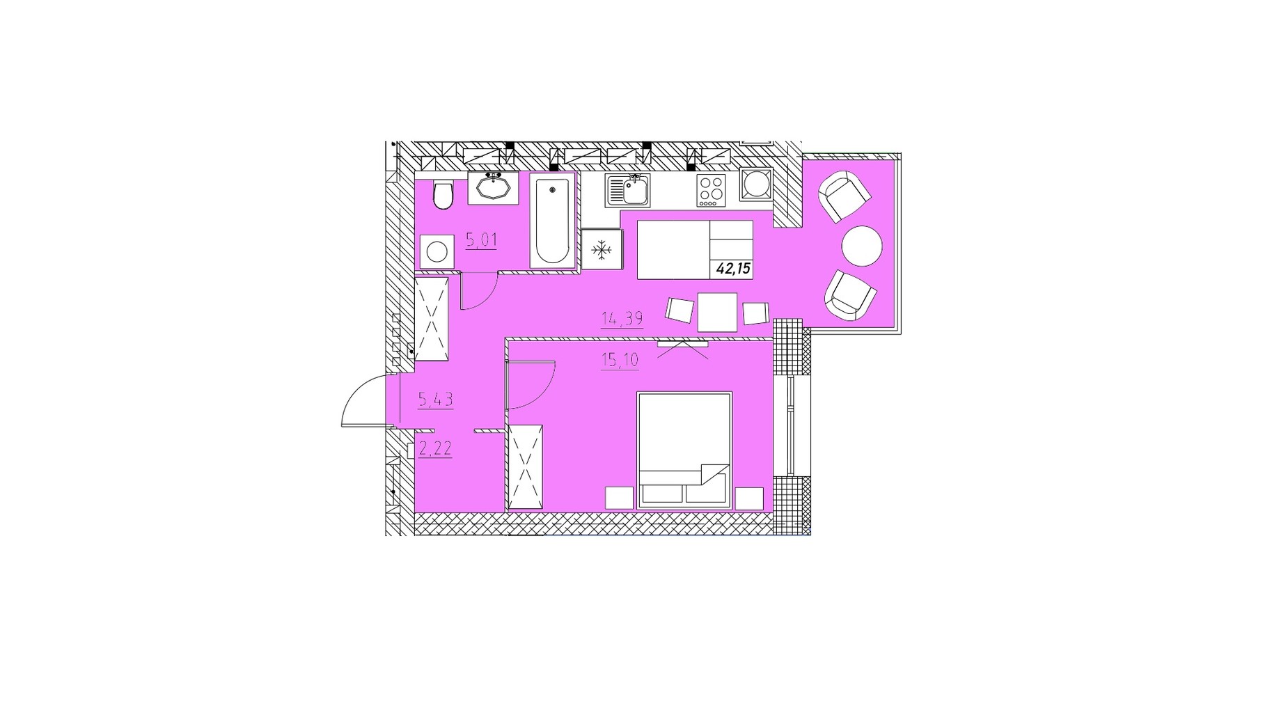Планировка 1-комнатной квартиры в ЖК на Шептицкого 42.15 м², фото 662372