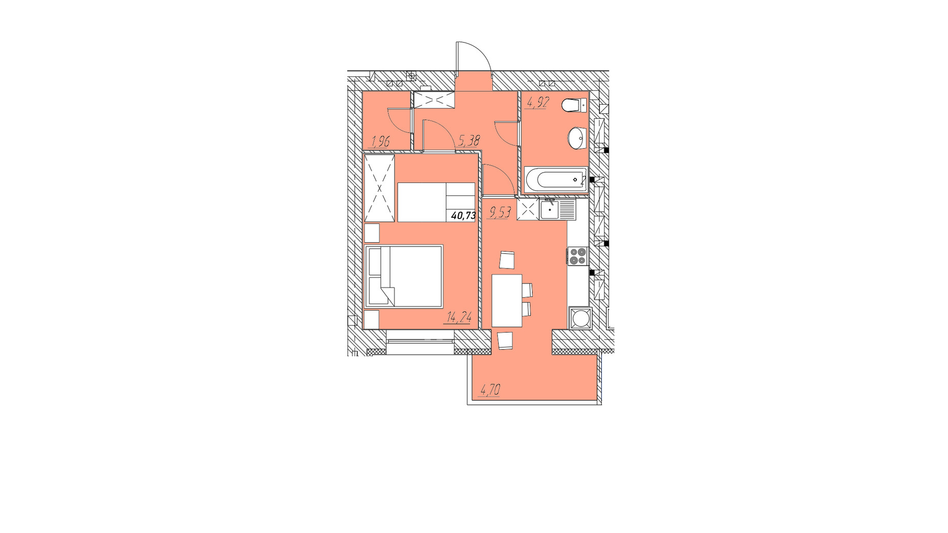 Планировка 1-комнатной квартиры в ЖК на Шептицкого 40.73 м², фото 662374