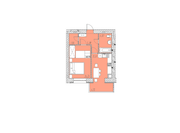 ЖК на Шептицкого: планировка 1-комнатной квартиры 40.73 м²