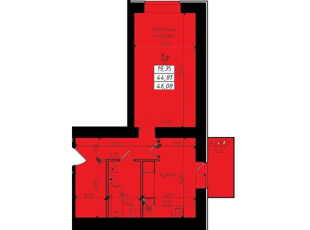 ЖК ул. Джохара Дудаева, 3: планировка 1-комнатной квартиры 46.08 м²