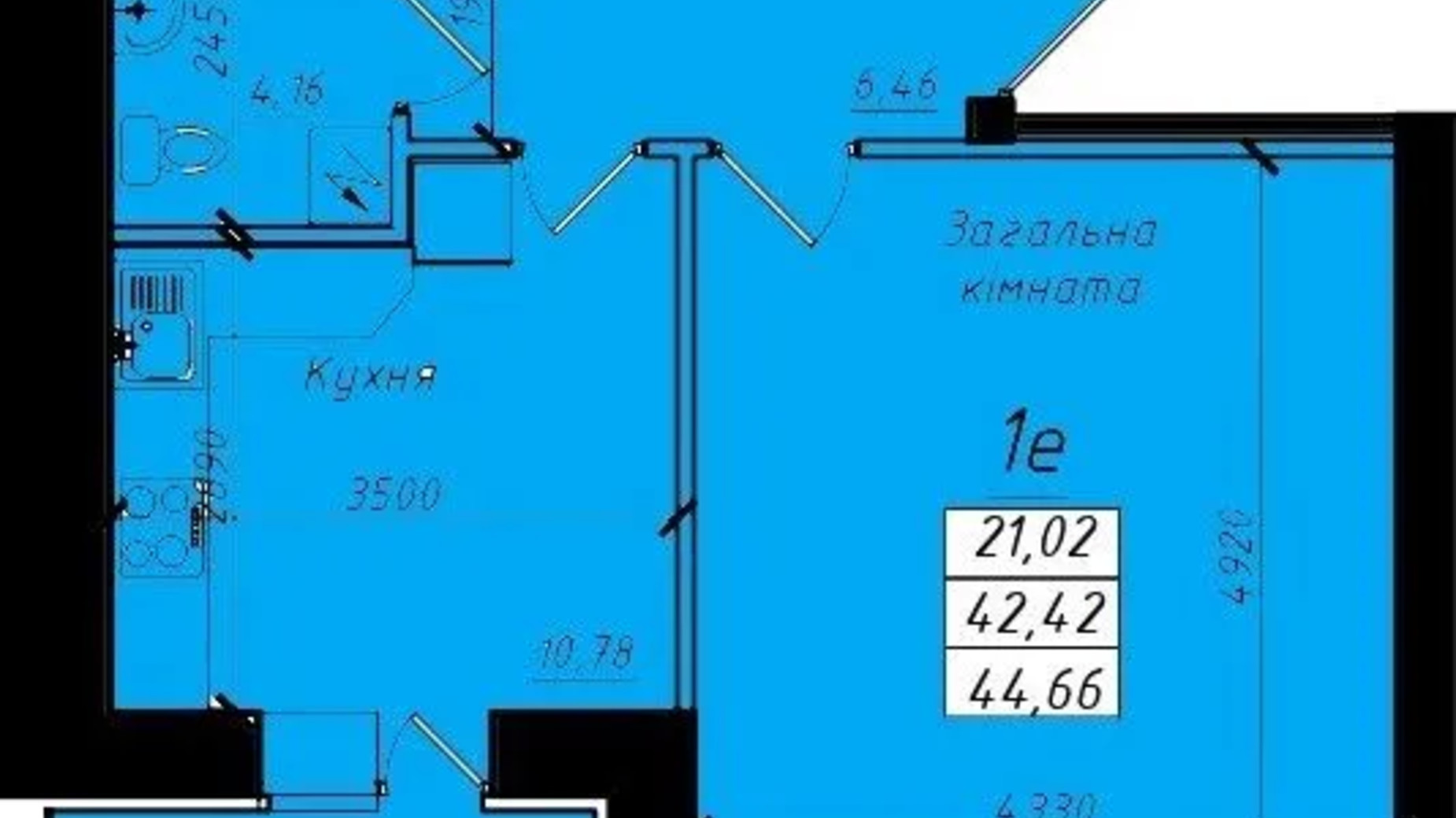Планировка 1-комнатной квартиры в ЖК ул. Джохара Дудаева, 3 44.66 м², фото 662467
