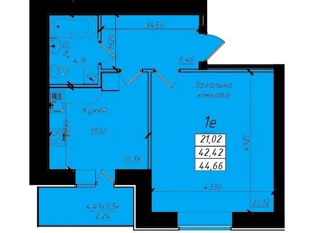 ЖК ул. Джохара Дудаева, 3: планировка 1-комнатной квартиры 44.66 м²