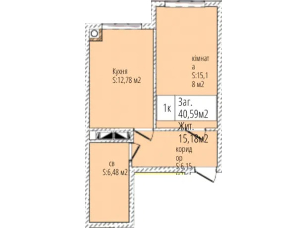 ЖК Джем Сити: планировка 1-комнатной квартиры 40.59 м²