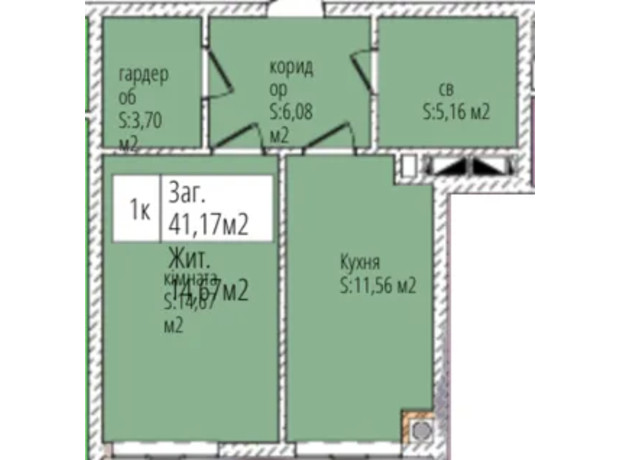 ЖК Джем Сити: планировка 1-комнатной квартиры 41.17 м²