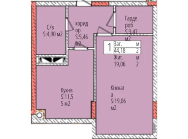 ЖК Джем Сити: планировка 1-комнатной квартиры 44.18 м²