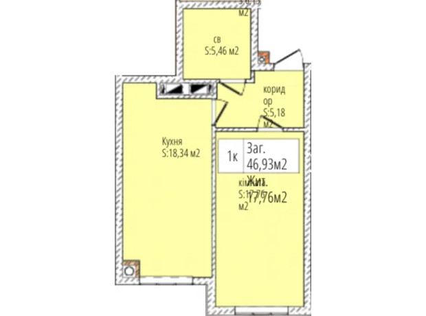 ЖК Джем Сити: планировка 1-комнатной квартиры 46.93 м²