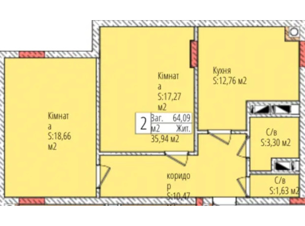 ЖК Джем Сити: планировка 2-комнатной квартиры 64.09 м²