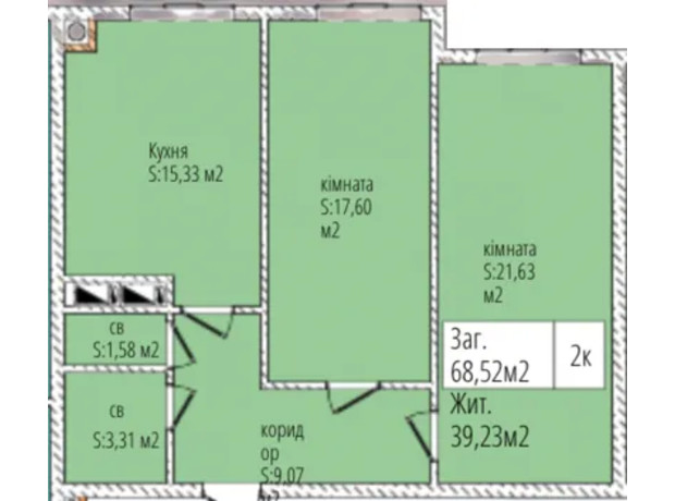 ЖК Джем Сіті: планування 2-кімнатної квартири 68.52 м²