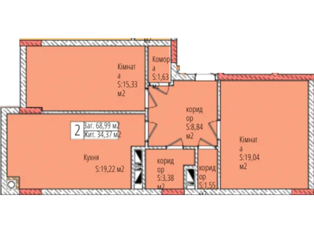 ЖК Джем Сити: планировка 2-комнатной квартиры 68.99 м²