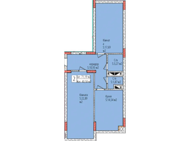 ЖК Джем Сіті: планування 2-кімнатної квартири 71.19 м²