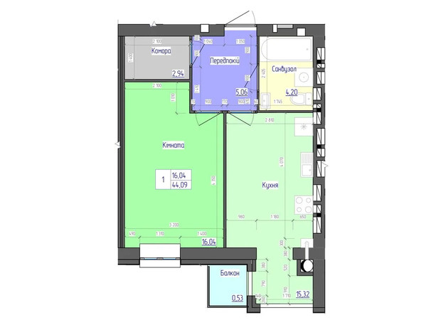 ЖК Семейный: планировка 1-комнатной квартиры 44.09 м²