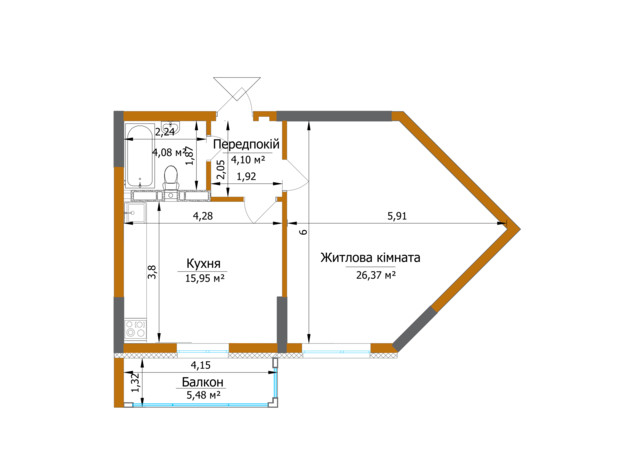 ЖК Eco Dream: планування 1-кімнатної квартири 52.14 м²