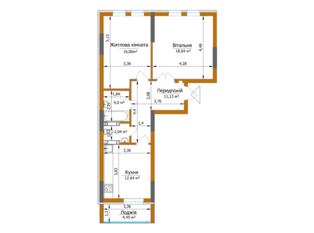 ЖК Eco Dream: планировка 2-комнатной квартиры 66.74 м²