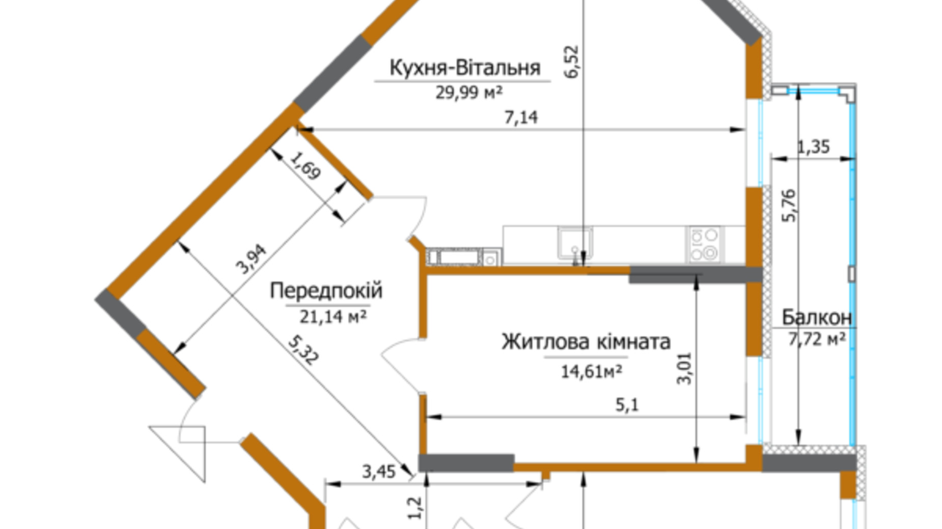 Планування 3-кімнатної квартири в ЖК Eco Dream 89.66 м², фото 662721