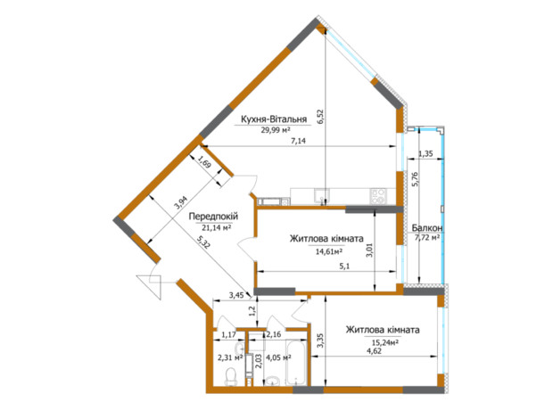 ЖК Eco Dream: планування 3-кімнатної квартири 89.66 м²