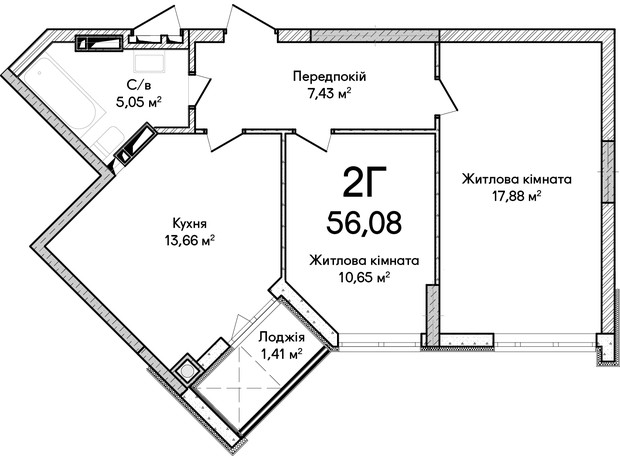 ЖК Синергія Сіті: планування 2-кімнатної квартири 56 м²