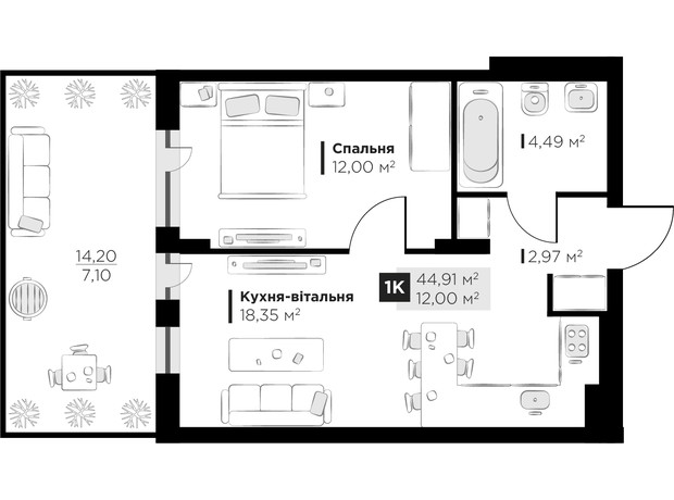 ЖК PERFECT LIFE: планировка 1-комнатной квартиры 44.91 м²