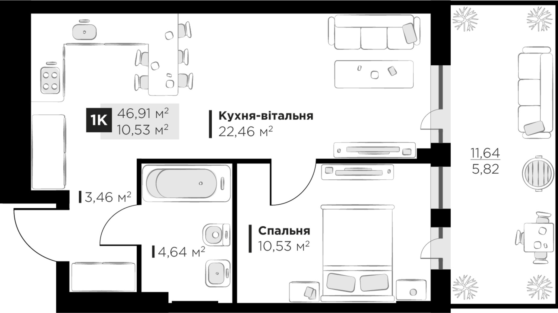 Планировка 1-комнатной квартиры в ЖК PERFECT LIFE 46.91 м², фото 663009