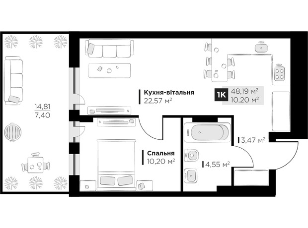 ЖК PERFECT LIFE: планировка 1-комнатной квартиры 48.19 м²