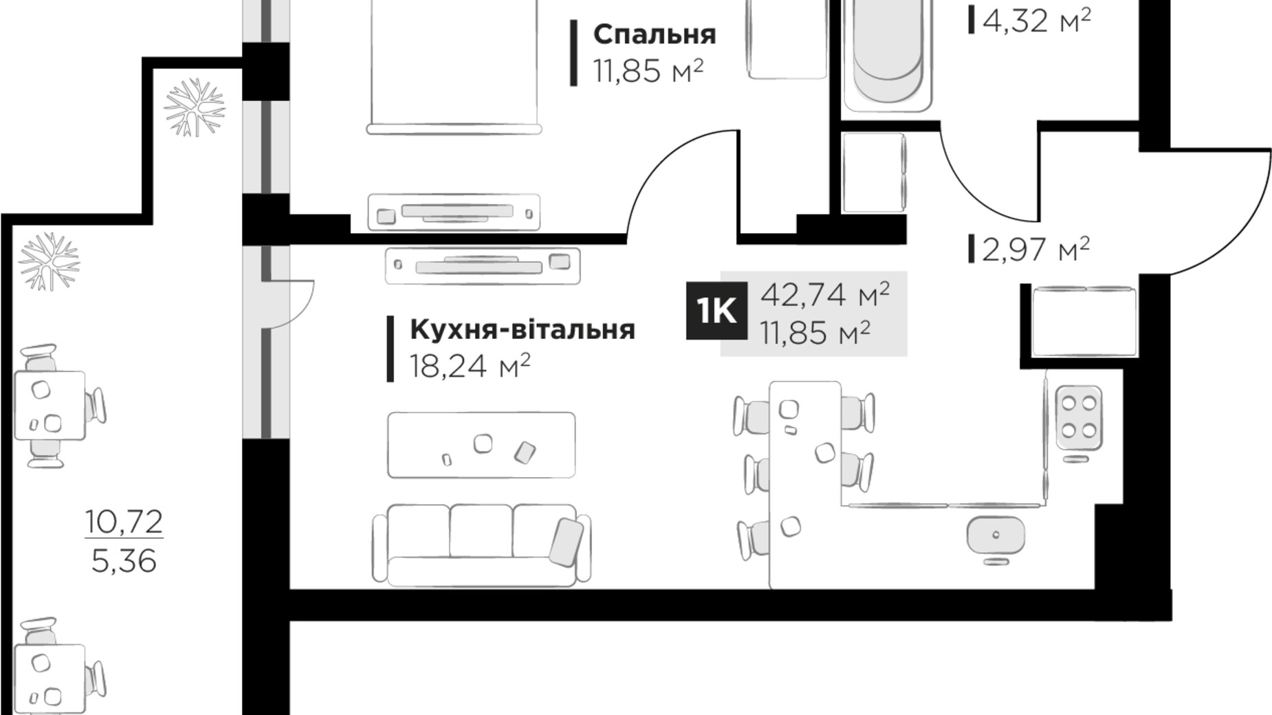 Планування 1-кімнатної квартири в ЖК PERFECT LIFE 42.74 м², фото 663013