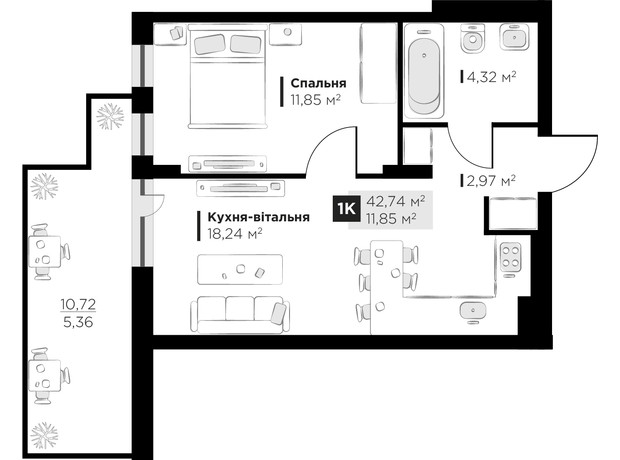 ЖК PERFECT LIFE: планування 1-кімнатної квартири 42.74 м²