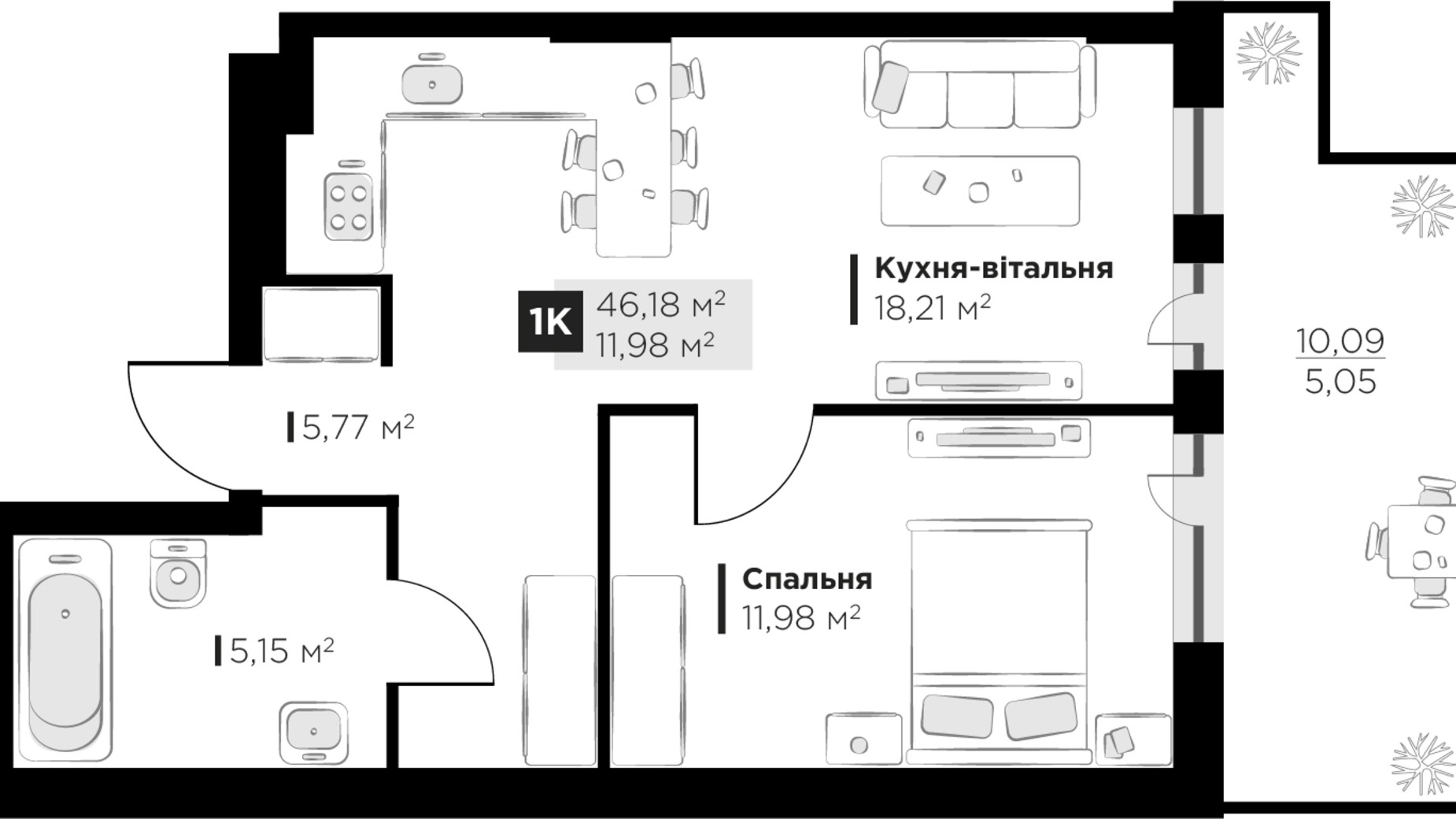 Планування 1-кімнатної квартири в ЖК PERFECT LIFE 46.18 м², фото 663017