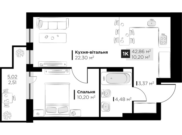 ЖК PERFECT LIFE: планировка 1-комнатной квартиры 42.86 м²
