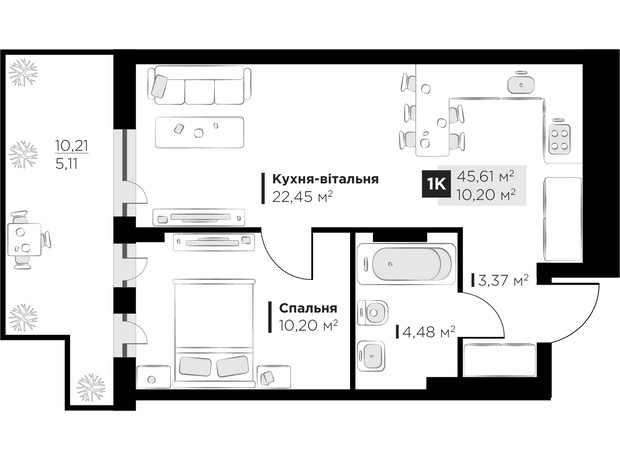 ЖК PERFECT LIFE: планировка 1-комнатной квартиры 45.61 м²