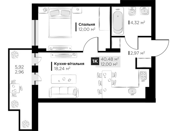 ЖК PERFECT LIFE: планування 1-кімнатної квартири 40.48 м²