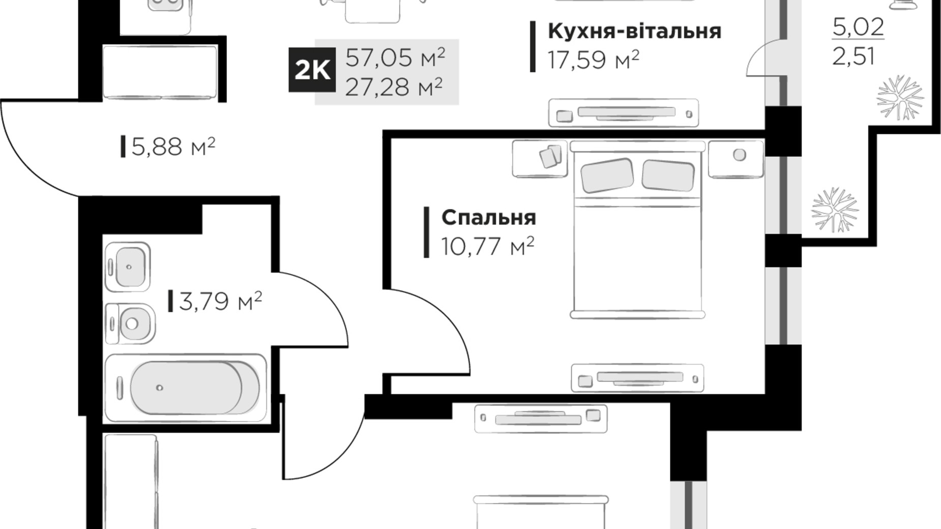 Планування 2-кімнатної квартири в ЖК PERFECT LIFE 57.05 м², фото 663025