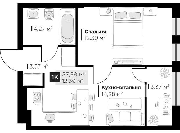 ЖК PERFECT LIFE: планировка 1-комнатной квартиры 37.89 м²