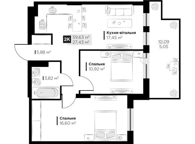 ЖК PERFECT LIFE: планування 2-кімнатної квартири 59.63 м²