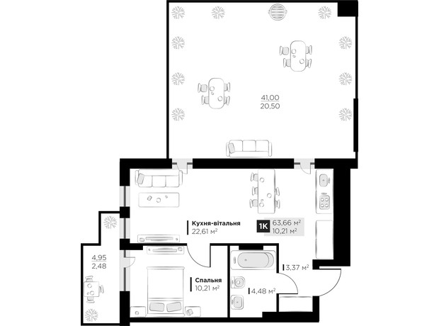 ЖК PERFECT LIFE: планировка 1-комнатной квартиры 63.66 м²