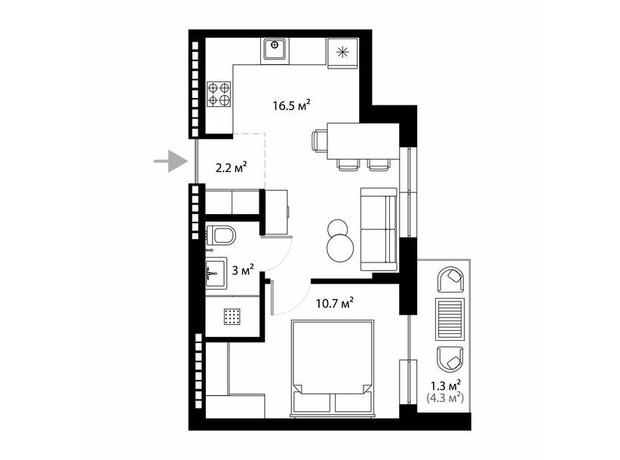 ЖК Park Land: планировка 1-комнатной квартиры 33.7 м²