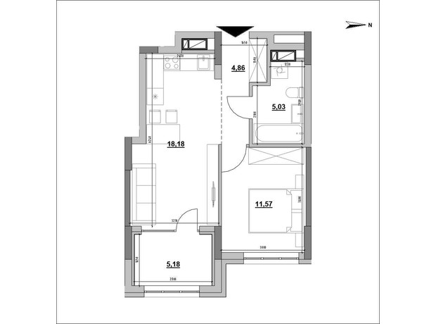 ЖК Park Life: планування 1-кімнатної квартири 44.82 м²