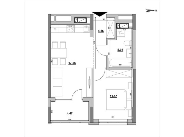 ЖК Park Life: планировка 1-комнатной квартиры 43.48 м²