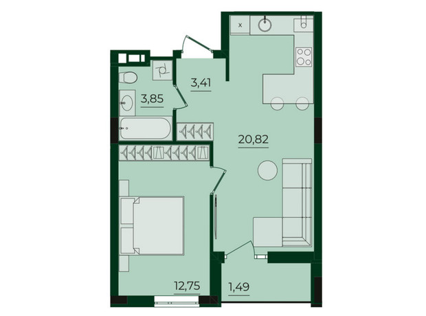 ЖК Svoї ParkHouse: планировка 1-комнатной квартиры 42.32 м²