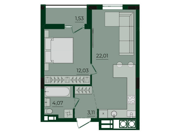 ЖК Svoї ParkHouse: планування 1-кімнатної квартири 42.75 м²
