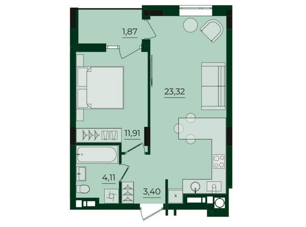 ЖК Svoї ParkHouse: планировка 1-комнатной квартиры 44.61 м²