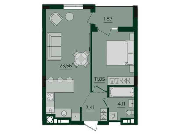 ЖК Svoї ParkHouse: планування 1-кімнатної квартири 44.8 м²