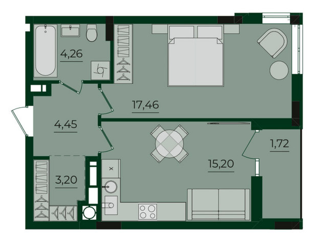 ЖК Svoї ParkHouse: планування 1-кімнатної квартири 46.29 м²