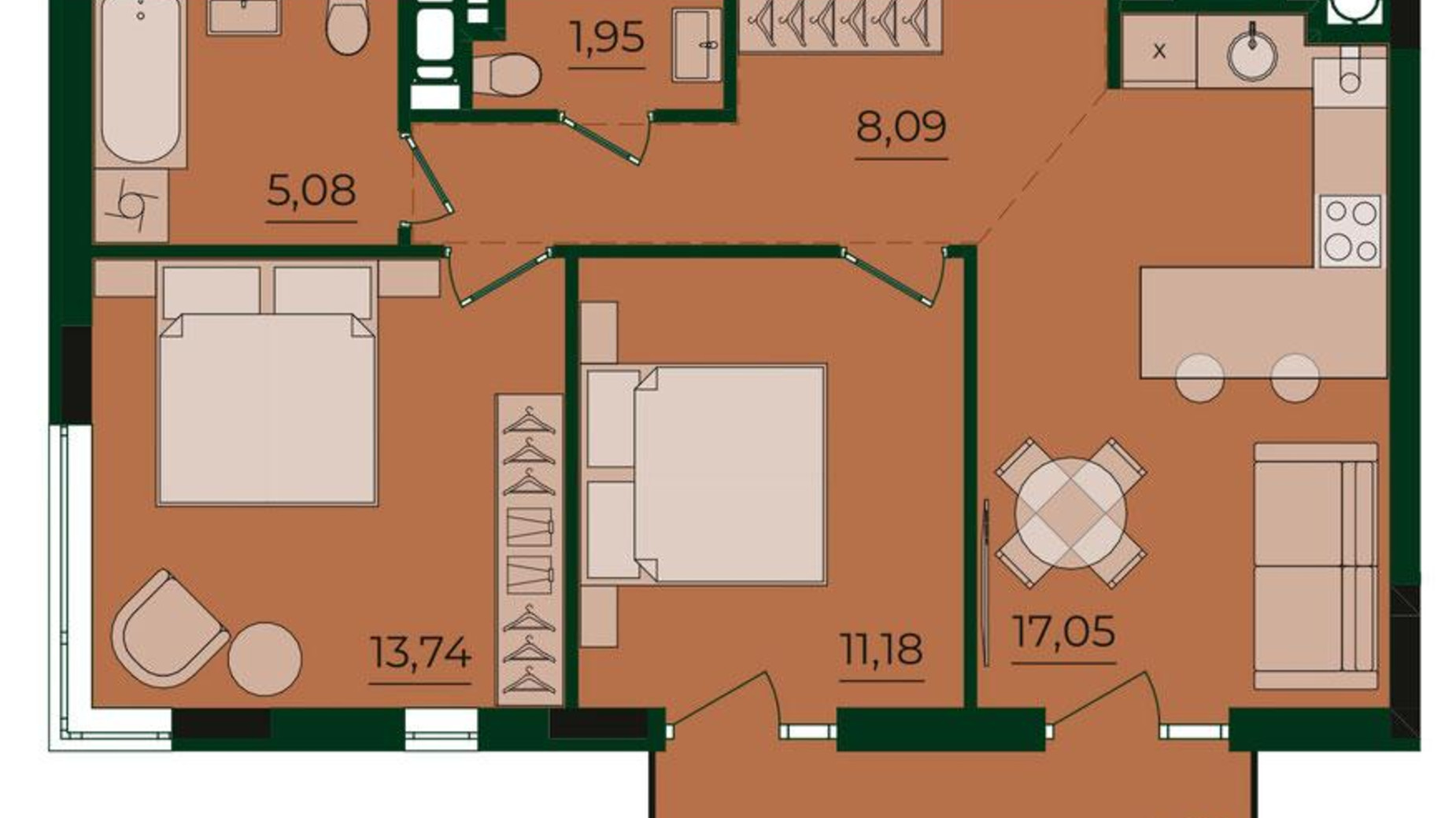 Планировка 2-комнатной квартиры в ЖК Svoї ParkHouse 58.95 м², фото 663239
